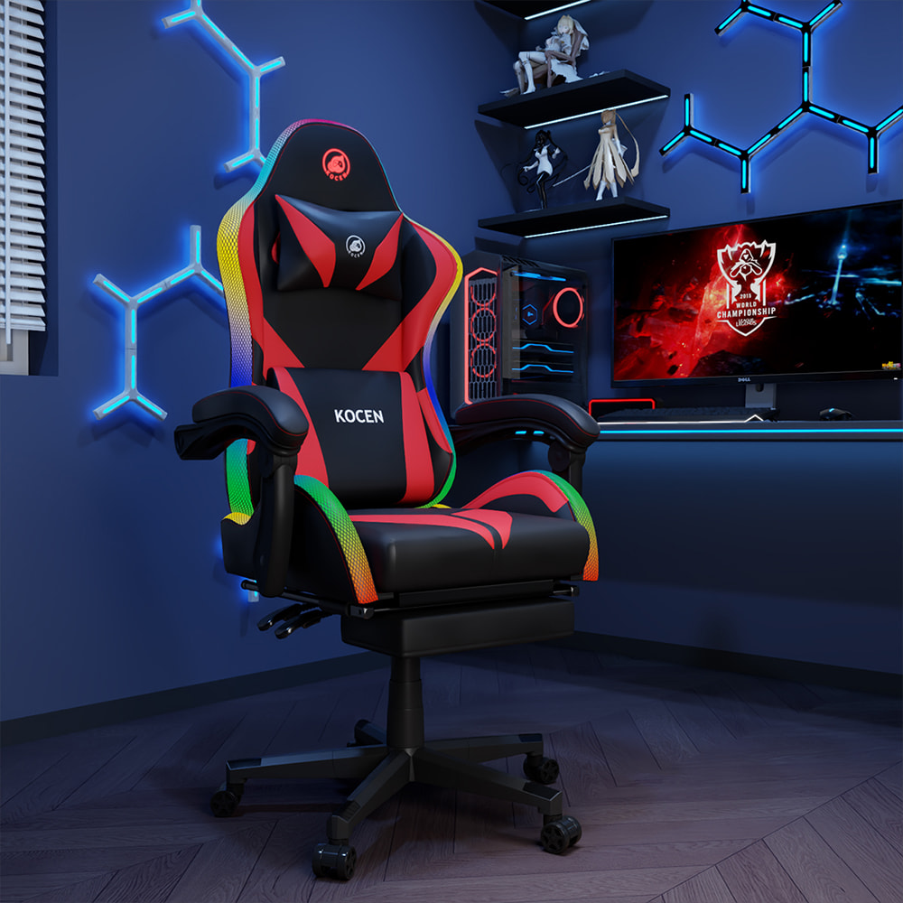 Chaise de jeu en tissu cuir PU, chaise Esports avec lumières RVB réglables multicolores, alimentée par USB, télécommande