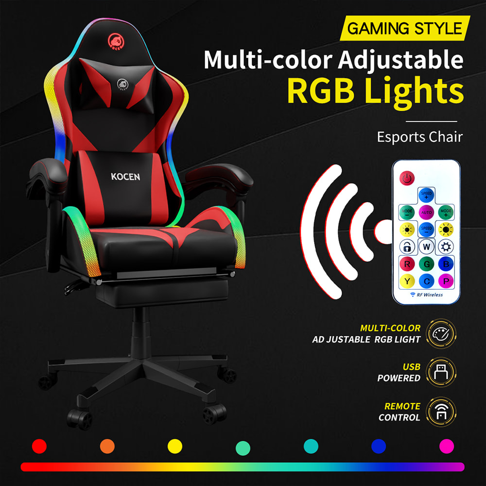Chaise de jeu en tissu cuir PU, chaise Esports avec lumières RVB réglables multicolores, alimentée par USB, télécommande Chaise de jeu en tissu cuir PU, chaise Esports avec lumières RVB réglables multicolores, alimentée par USB, télécommande