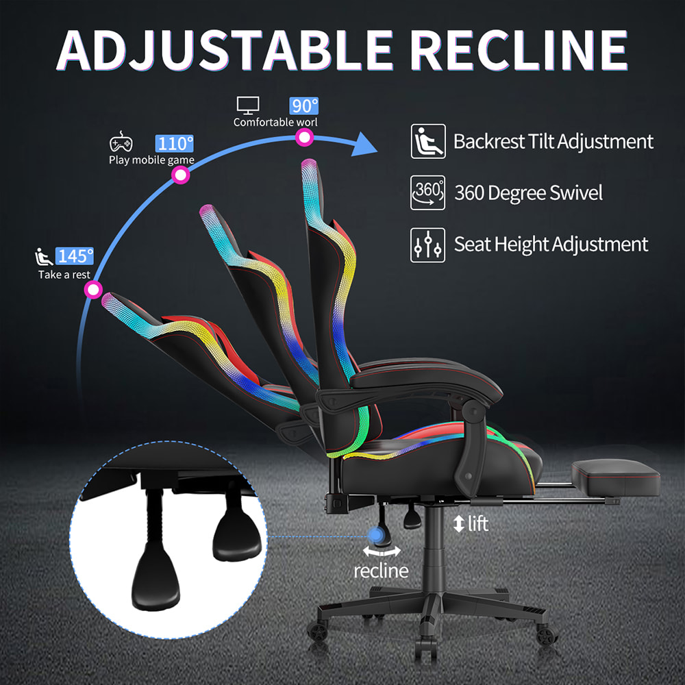 Chaise de jeu en tissu cuir PU, chaise Esports avec lumières RVB réglables multicolores, alimentée par USB, télécommande Chaise de jeu en tissu cuir PU, chaise Esports avec lumières RVB réglables multicolores, alimentée par USB, télécommande