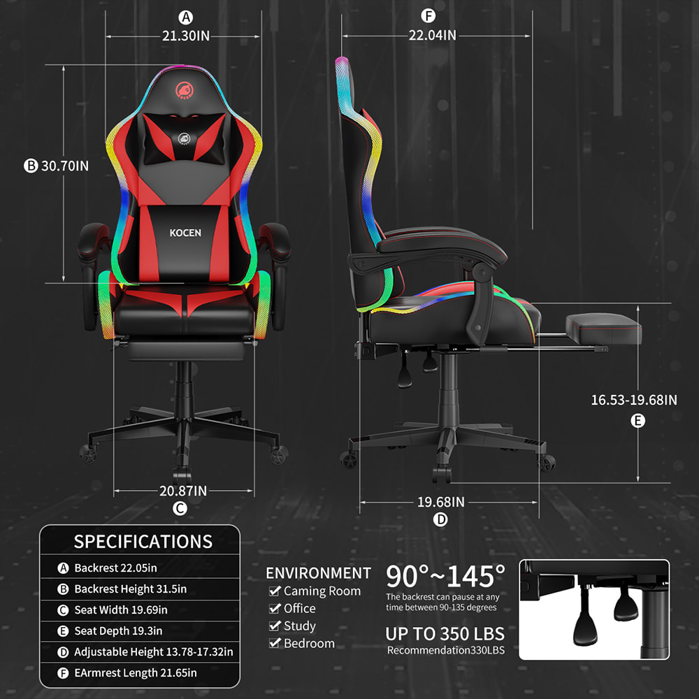 Chaise de jeu en tissu cuir PU, chaise Esports avec lumières RVB réglables multicolores, alimentée par USB, télécommande Chaise de jeu en tissu cuir PU, chaise Esports avec lumières RVB réglables multicolores, alimentée par USB, télécommande