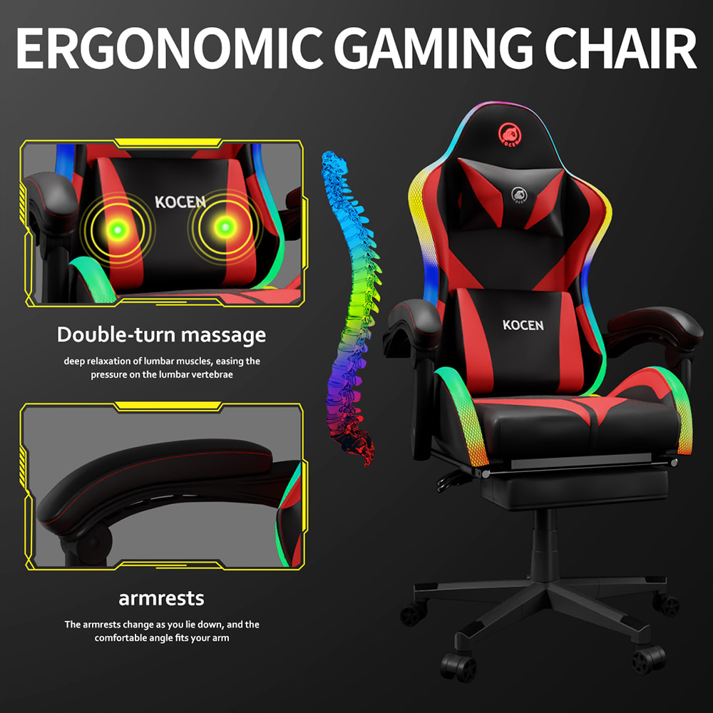 Chaise de jeu en tissu cuir PU, chaise Esports avec lumières RVB réglables multicolores, alimentée par USB, télécommande Chaise de jeu en tissu cuir PU, chaise Esports avec lumières RVB réglables multicolores, alimentée par USB, télécommande